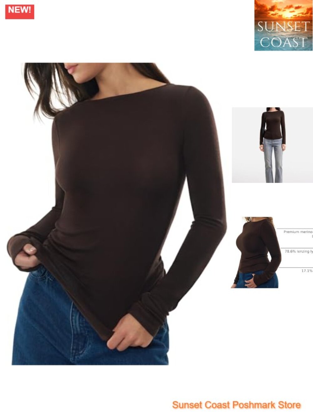 Merino Wool Blend Boat Neck Long Sleeve Fitted Basic Tee